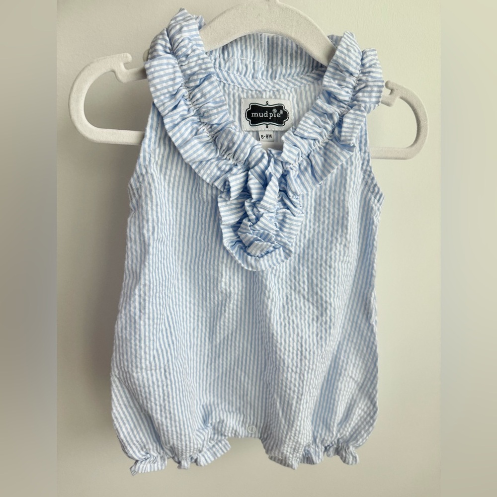 Mud Pie Baby Blue Seersucker Ruffle Romper - 6-9 months
